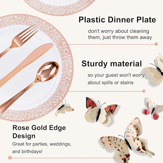 WELLIFE 350 PCS Rose Gold Disposable Dinnerware Set for 50 Guests, Disposable Rose Gold Lace Plates, Include:50 Dinner Plate, 50 Dessert Plates, 50 Pre Rolled Napkins with Silverware and 50 Cups