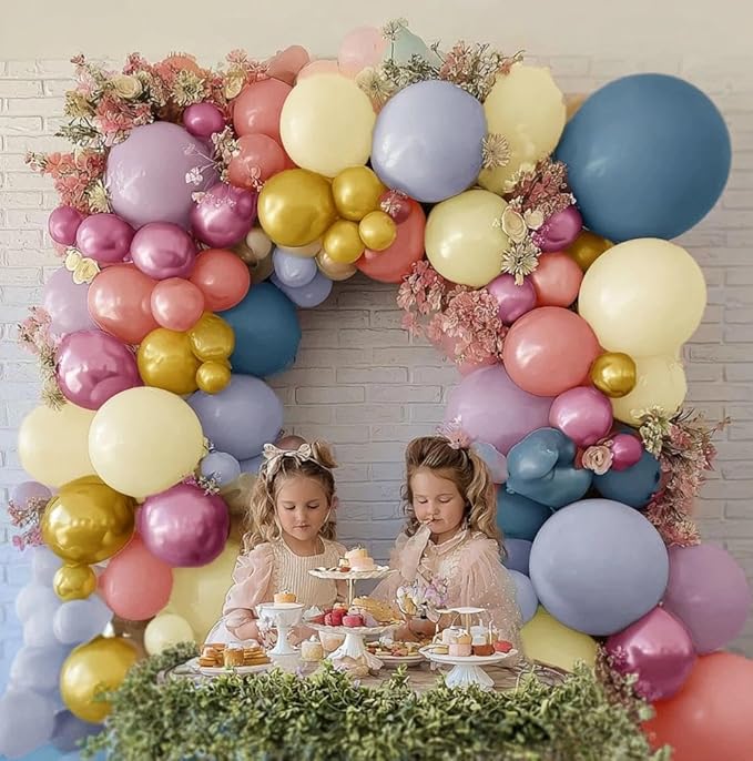 Pastel Balloon Garland Kit Rose Gold Purple Chrome Metallic Dusty Pink Rose Blue Macaron Yellow Balloon Arch Kit for Birthday Baby Shower Garden Party Wedding Wild Flower Picnic Decoration