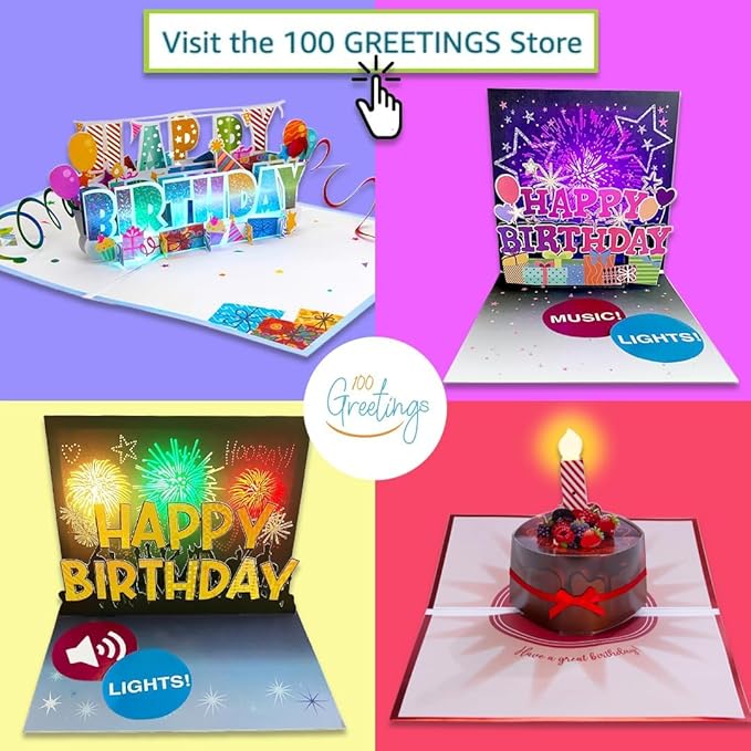 100 GREETINGS Fireworks Pop Up Happy Birthday Card - Singing Celebration Card with Light Show & Music, Unique Musical BDay Message for Women, Men, Mom, Grandma & Grandpa (1 LED)