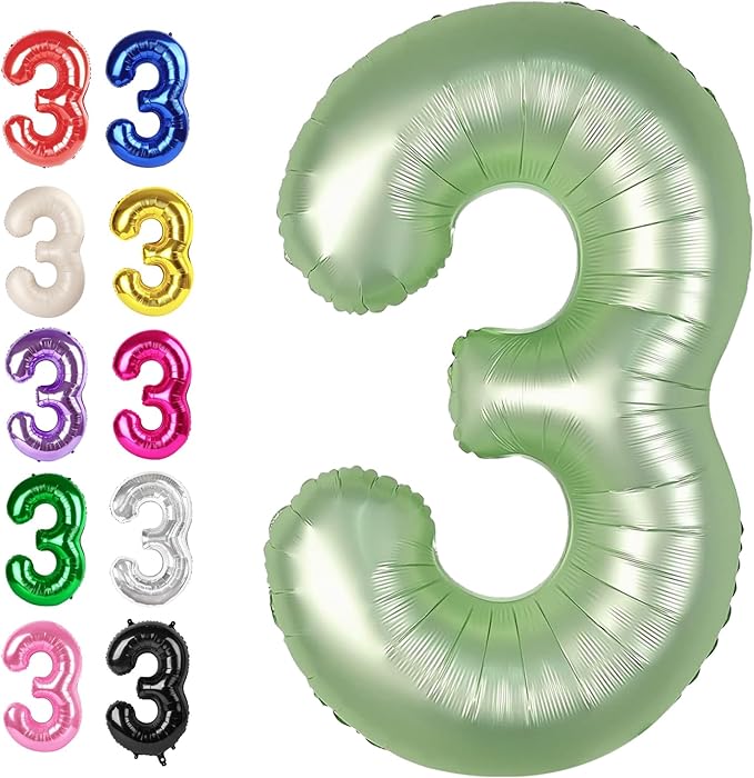 Large 40 Inch Sage Green 3 Number Balloon, 3 13 23 30 33 36 38 Oliver Green Birthday Party Decorations, Numbers Three Foil Balloons for Anniversary Party Graduations Celebration Supplies
