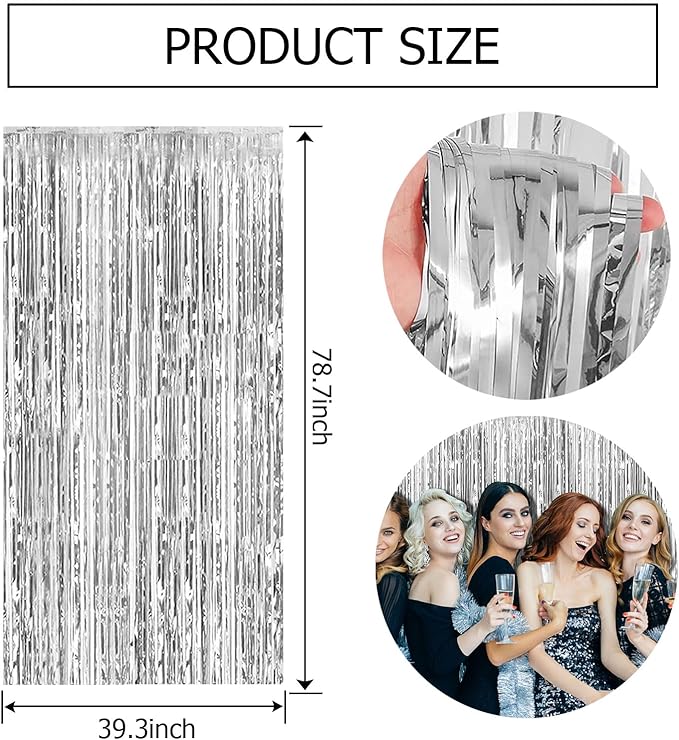 2 Pack Silver Backdrop Curtain Party Decorations Foil Fringe Backdrop Silver Tinsel Streamers Birthday Bachelorette New Year Christmas Wedding Baby Shower Disco Party Decorations
