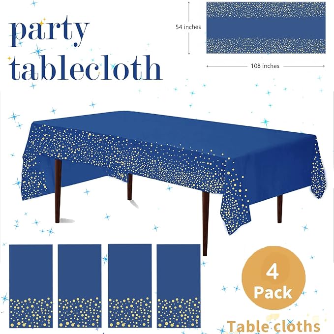 Yancorp 4 Pack Plastic Tablecloth Disposable Navy Blue Gold Tablecloth for Rectangle Tables 54" x 108" Party Decorations Birthday Thanksgiving Christmas Wedding Outdoor BBQ Picnic