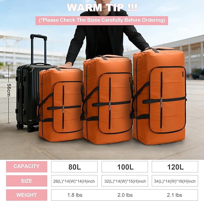 100L Travel Duffle Bag for Men, Urtala 32” Large Duffle Bag for Traveling with Shoe Compartment, Foldable Travel Duffel Bag for Men Women Waterproof & Tear Resistant (Orange, EXTRA LARGE, 100L)