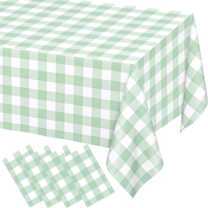 WNINK 4 Pack Sage Green Checkered Rectangular Plastic Tablecloths, Green Gingham Waterproof Disposable Table Covers 54" x 108" for Birthday, Baby Shower, Wedding, Outdoor Picnic Parties
