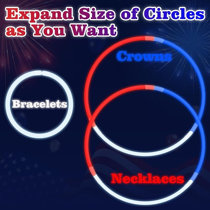 Red White Blue Glow Sticks Party Favors Supplies 150 PCS,Light Up Bracelets Necklaces Accessories Decorations for Kids,Fun USA Items for Fourth of July Patriotic Birthday Pool Games Activities