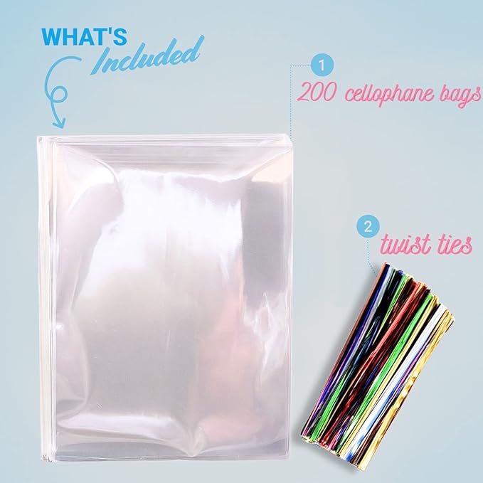 200 Pack Clear Cellophane Bags for Favors - Transparent Goodie for Birthday Party, 4x6 Inch with 5-Inch Twist Ties - Candy, Treat for Gift Giving