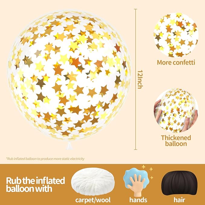 VHUWE 25 Pcs Gold Star Confetti Balloons, 12 Inch Clear Latex Balloon with Confetti Inside for Birthday Party Baby Shower Graduation Engagement Bridal Shower Decorations Supplies - Star Confetti