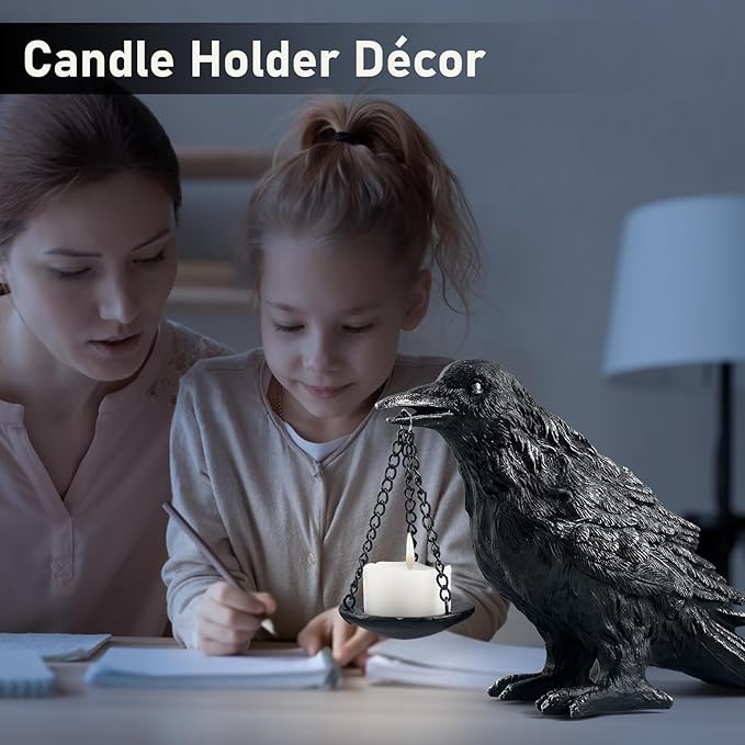 Raven Gothic Home Decor Fake Crow Light Holder Raven Lamp Tealight Candle Holder Resin Raven Statue Wearing Silver 2PCS