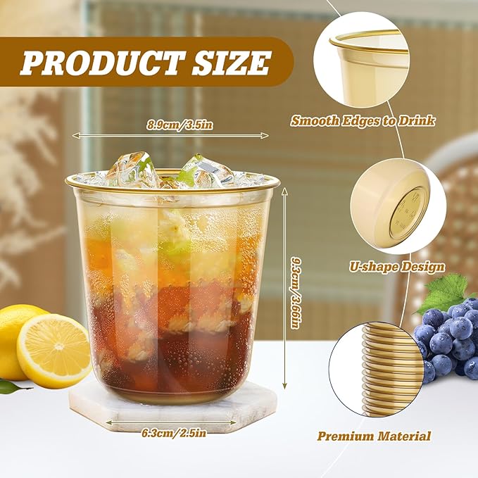 KesaPlan 50 Pcs Gold Plastic Cups, 12oz Disposable Stemless Wine Glasses for Cocktail Cute Clear Cocktail Wine Glasses Gold Party Cups for Meeting Wedding Graduation Holiday Party