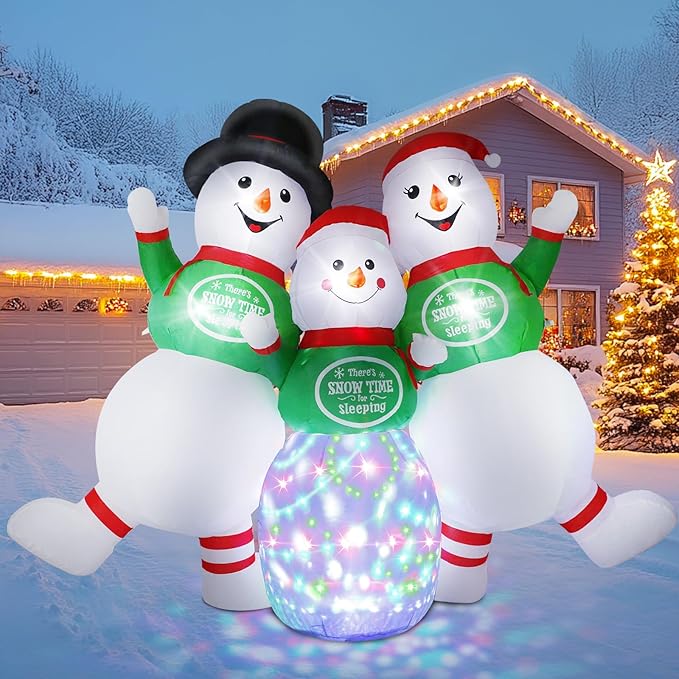 6.5FT Christmas Inflatable Snowman Decorations - Blow Up Christmas Outdoor Snowman Family with Rotating Colorful LED Light & Top Hat, Xmas Inflatable Decor for Yard Lawn Garden Holiday Party