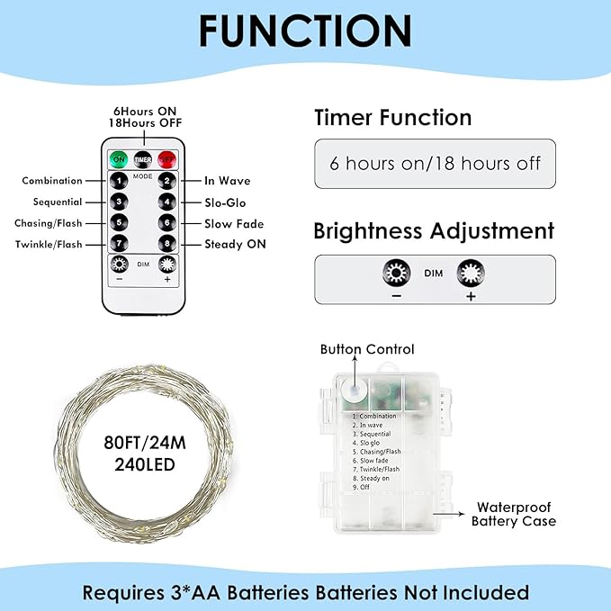 4Pack 80Ft 240LED Fairy Lights Battery Operated with Remote, Waterproof String Lights with Timer for Indoor & Outdoor, Twinkle Lights Battery Powered for Bedroom Christmas Decorations (Cool White)