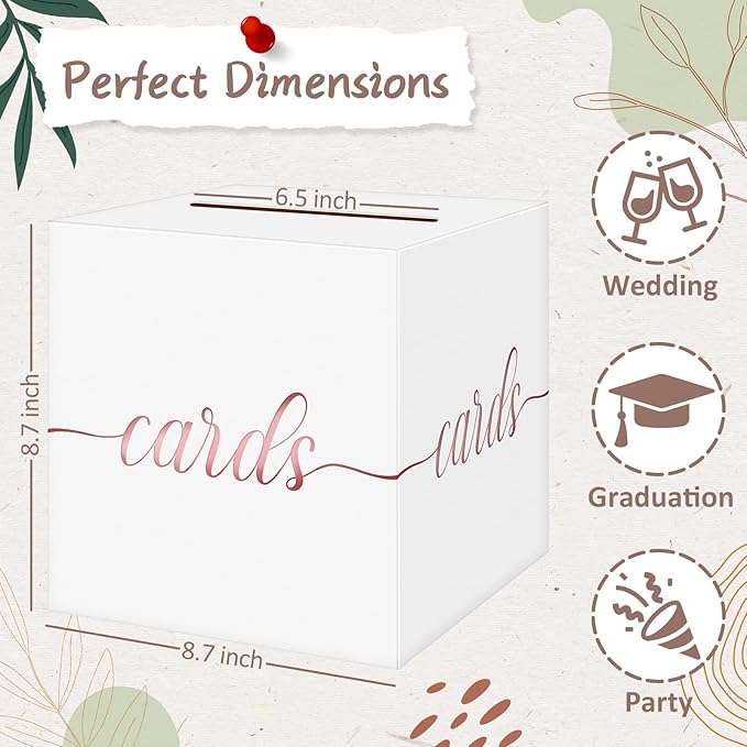 QIKSION White Wedding Card Box, Rose Gold Foil Gift Card Box for Party, Wedding Reception, Graduation, Birthday, Baby Shower, Raffle