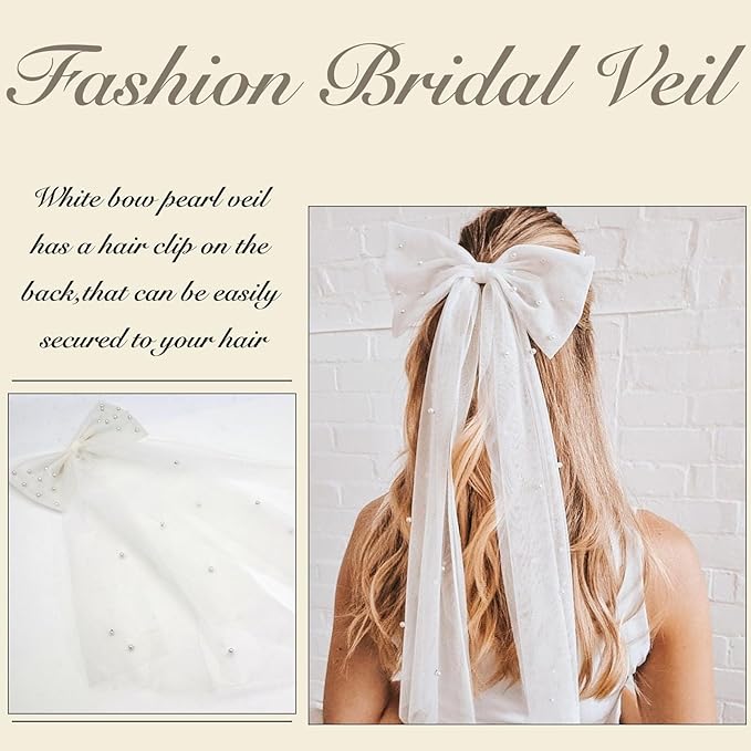 Bridal Veil Bachelorette Party Veil White Bow Wedding Veil Elegant Tulle Layer Hair Clip for Women and Girls