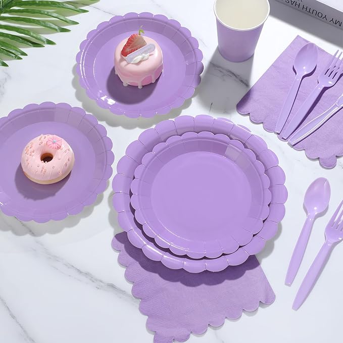 350 Pcs Lavender Paper Plates and Napkins, Easter Plates Light Purple Party Supplies Include Light Purple Scalloped Plate Napkins Cups Plastic Spoon Fork Knive for Baby Shower, Wedding, Birthday