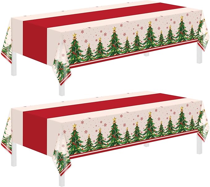 Childom 2 Pack Christmas Tablecloths,Christmas Party Decoration,54 x 108 Inch,Disposable Plastic Table Cloths Rectangular for Party Supplies,Xmas Tree Table Cover for Home,Dinner,Indoor,Outdoor,Picnic