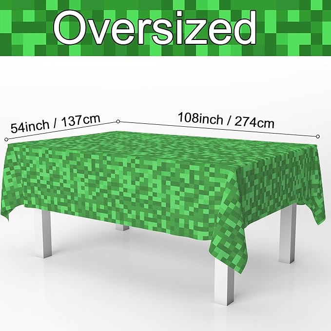 Pixel Miner Tablecloth 4 Packs, Green Plastic Table Cover Disposable Birthday Party Decoration, 54" x 108" Waterproof Tablecloths for Pixel Mining Gaming Themed Birthday Party Decoration Supplies