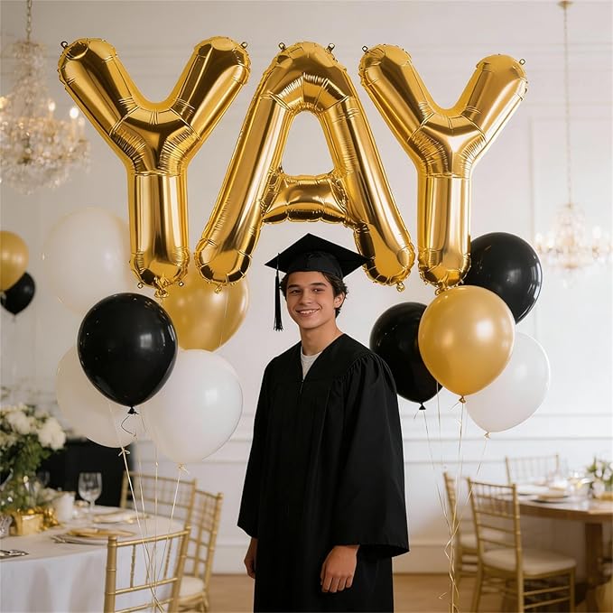40Inch Gold YAY Balloons, Giant YAY Letter Foil Mylar Balloon Banner, Gold Congratulations Balloons for Congrats Grad Class of 2026 Graduation Birthday Engagement Wedding Baby Shower Party Decorations