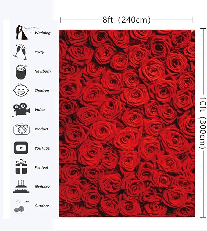 RUINI Red Rose Floral Wedding Photography Backdrop Rose Wall Valentines Day Wedding Bridal Shower Party Decorations Banner 8x10FT