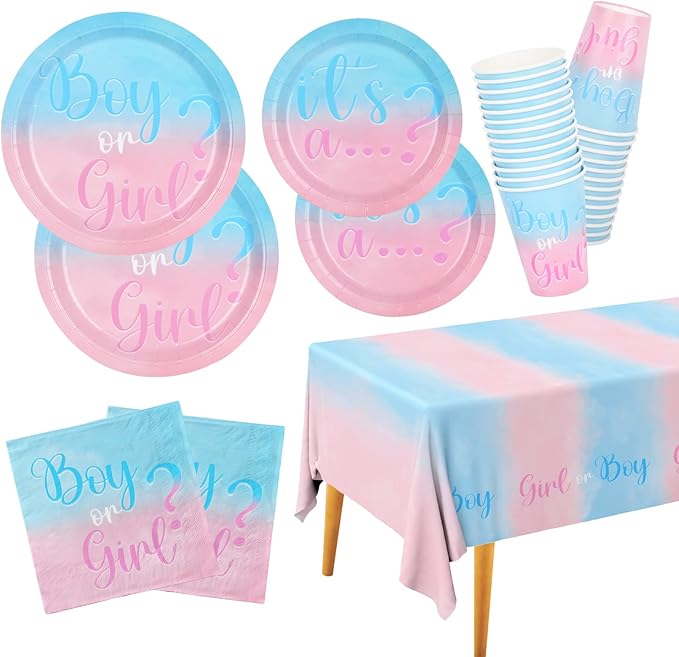 Baby Gender Reveal Party Supplies, Boy or Girl Disposable Paper Plates Napkins Cups Tablecloth for Baby Shower Decorations, Serve 25