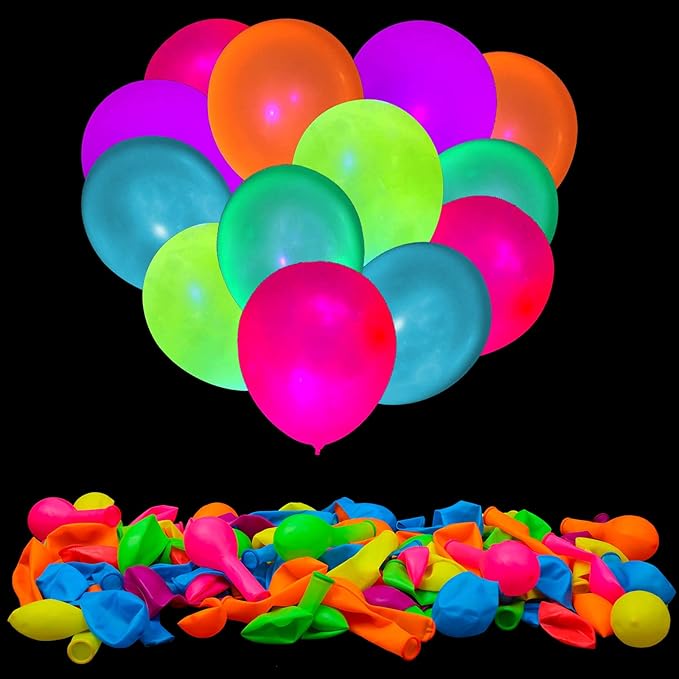 100 Pcs UV Neon Balloons, Neon Glow Party Balloons UV Black Light Balloons Glow in the Dark for Birthday Decorations Wedding Glow Party Supplies Blacklight Reactive Fluorescent