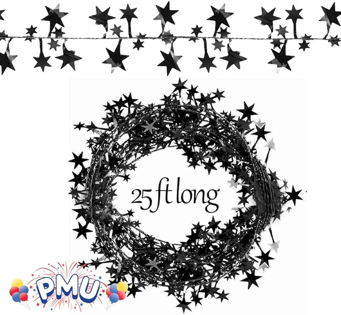 PMU 300 Ft Star Wire Shiny Garland Black Star - Halloween, Christmas Party, Wedding, Birthday, Festive Home Decoration Ornament Black Star (12pc-25Ft Each)