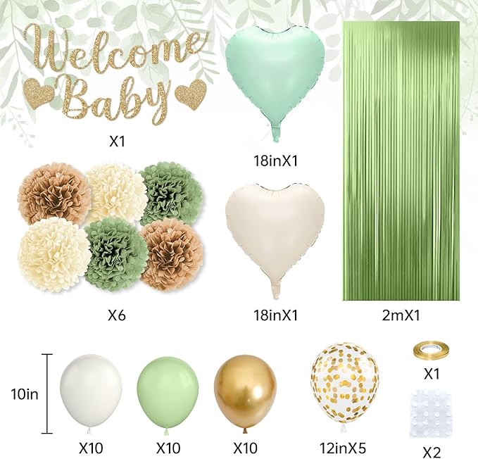 Sage Green Gold Baby Shower Decorations,Welcome Baby Banner with Sand White Green Balloons Fringe Curtains Paper Pom Poms Flowers Tassels for Girl Boy Boho Baby Shower Gender Reveal Party Supplies