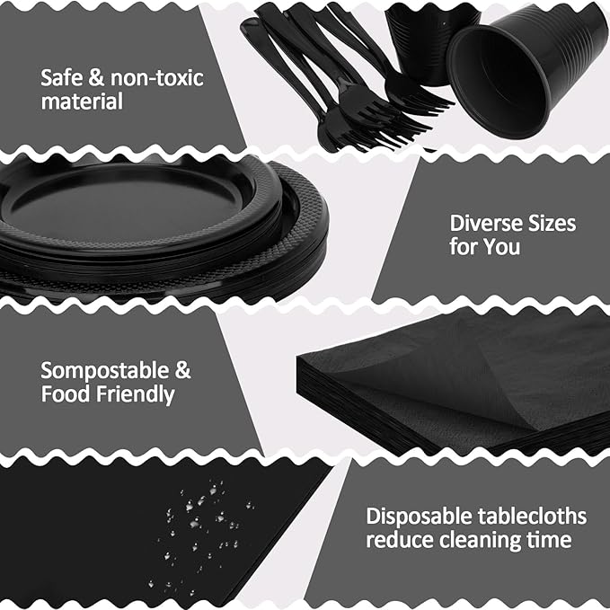 Black Plastic Plates for Party,100 Guest - 7&9inch Plates,Napkins,Forks,Cups & Tablecloths,Disposable Party Supplies for for Birthday,Halloween,Christmas Parties, Graduations