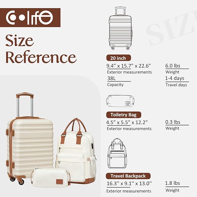 Coolife Luggage Sets Suitcase Set 3 Piece Luggage Set Carry On Hardside Luggage with TSA Lock Spinner Wheels (White, 3 piece set (BP/TB/20))