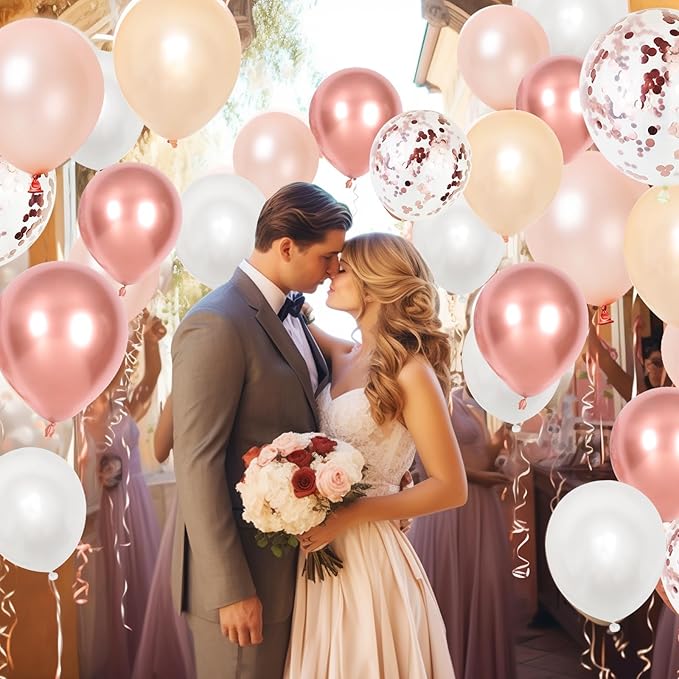 Rose Gold Balloons Set, Pearl Champagne Gold Rose Gold and White Birthday Balloons, Metallic Roses Golds Confetti Balloons for Girls Women Birthday Party Wedding Bridal Shower Decorations