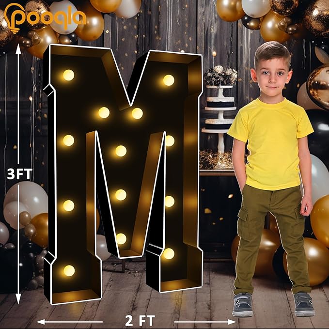 Pooqla 3FT Marquee Light Up Letters, Black LED Party Decor Large Marquee Letters 3 Feet Tall, Giant Mosaic Letter for Birthday Graduation Anniversary Wedding Decoration, Letter M