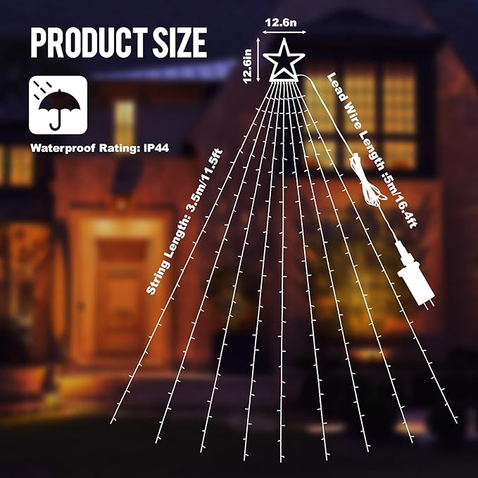 Christmas Decorations Outdoor,11.5 ft 317 LED Star Christmas Tree Lights,8 Memory Lighting Modes&Timer Star Light for Yard,Wedding,Party, Decorations(Blue+White)