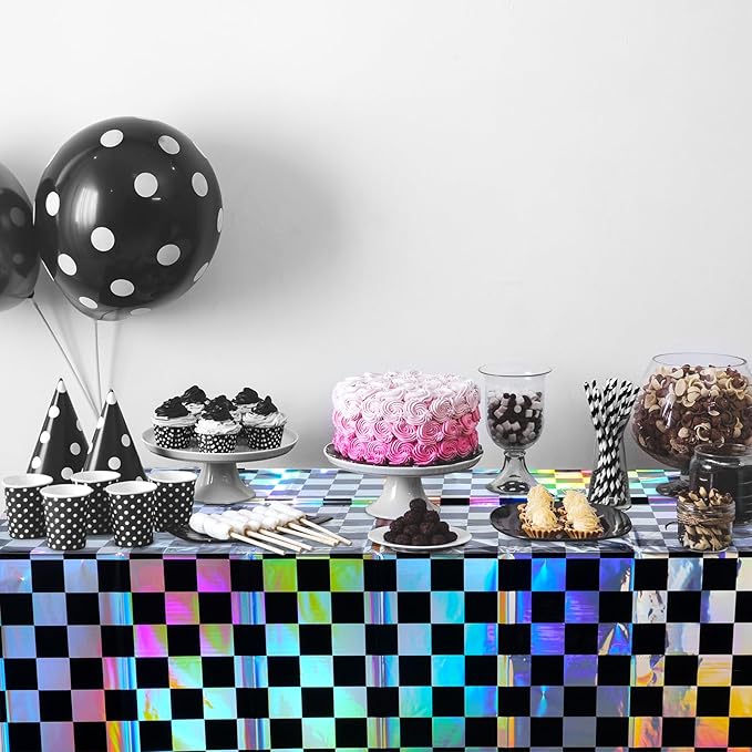 6Pack Black and Iridescent Checkered Plastic Tablecloth, Shiny Disposable Laser Rectangle Table Covers, Holographic Foil Tablecloth Iridescent Party Decorations for Picnic Camping Race Car, 54x108Inch