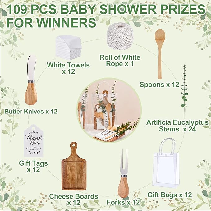 Baby Shower Prizes for Game Winners Bamboo Cheese Board Spoon Fork Butter Spreaders Plaid Towel Thank You Card and Gift Bags for Baby Shower Wedding Bridal Shower Favors (Acacia, 12 Sets)