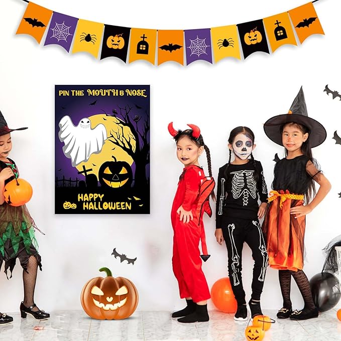 ASTARON Halloween Party Games, Pin The Mouth on Ghost Halloween Party Activities Classroom Games for Children, Kids Birthday Party Games Halloween Party Supplies