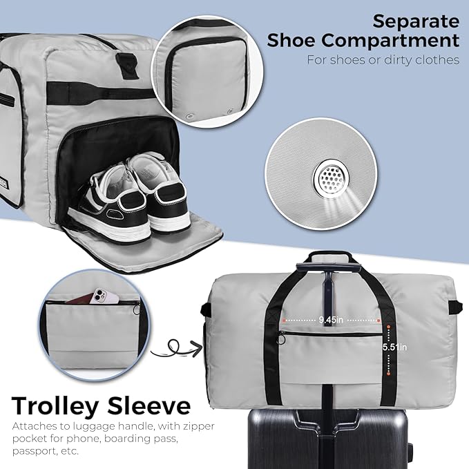 Fmeida 65L Duffle Bag with Shoes Compartment, Foldable Travel Duffel Bags for Men Women, Large Packable Travel Bag Water Repellent & Tear Resistant (Light Gray)