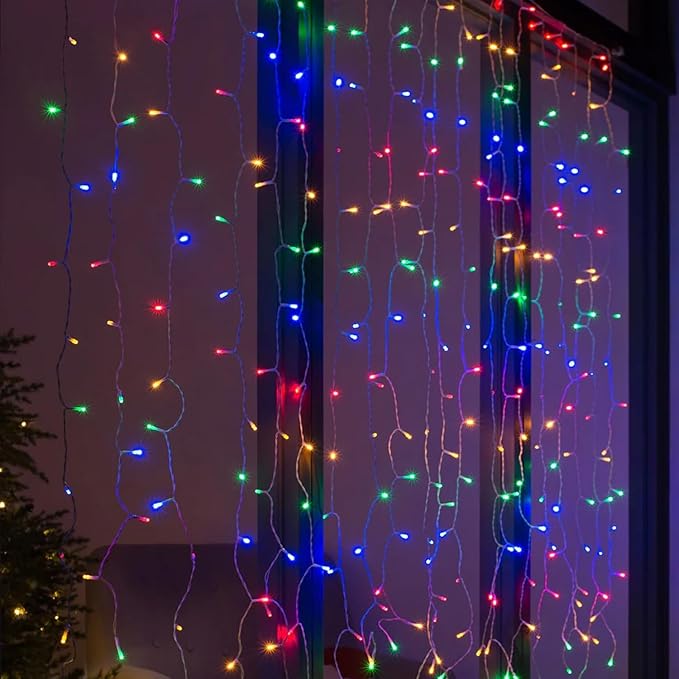 Dazzle Bright 300 LED Curtain String Lights, Christmas Fairy Lights for Bedroom with 8 Lighting Modes, Connectable Waterproof Window Lights Party Wedding Garden Wall Decor, Multi-Colored