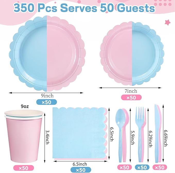 350 Pcs Baby Gender Reveal Plates and Napkins, 50 Guest Boy or Girl Gender Reveal Party Supplies Include Light Pink and Light Blue Plates Napkin Cup Plastic Spoon Fork Knive for Baby Shower