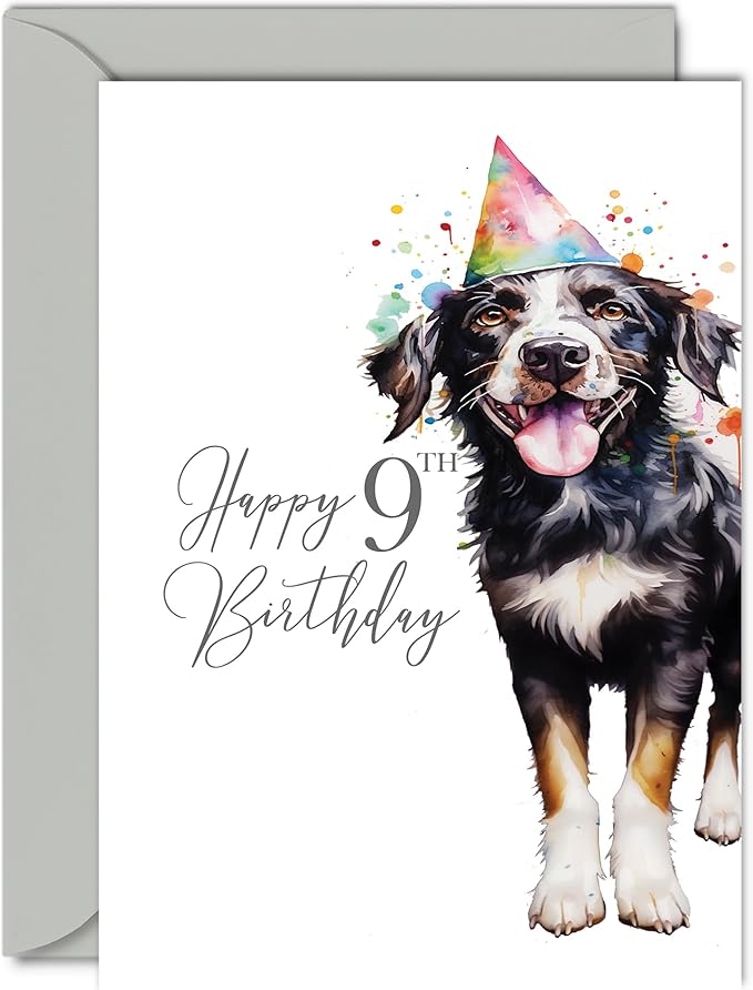 9th Birthday Cards for Boys Girls - Party Dog - Happy Birthday Card for 9 Year Old Boy Girl Grandson Granddaughter Son Daughter Nephew Niece, A5 Bday Greeting Cards