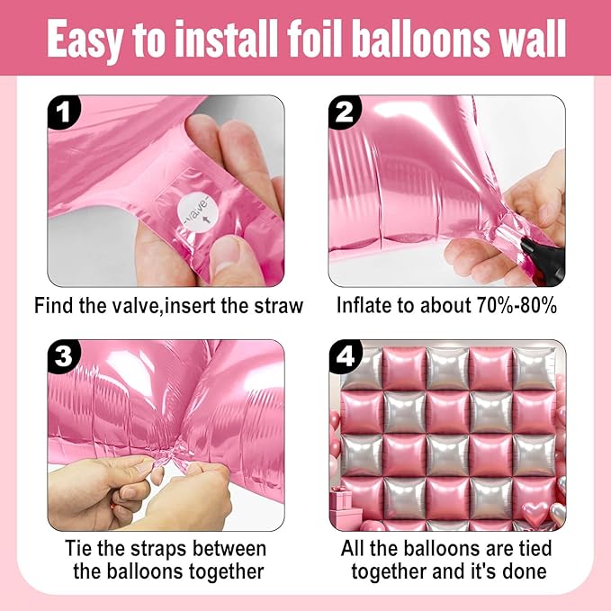 50Pcs Pink and Silver Square Foil Balloons Wall Backdrop, Double Sided Metallic Foil Balloons Tunnel Arch Garland Kit for Photo Booth Birthday Wedding Halloween Christmas Party Decorations