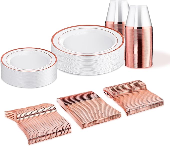 WELLIFE 150 PCS Rose Gold Disposable Dinnerware Set for 25 Guests, Valentine's Day Plate, 25 Dinner & Salad Plates, Cups, Forks Knives Spoons for Wedding Reception and Mothers Day Plates