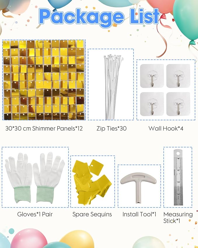 Gold Shimmer Wall Backdrop 12 Panels Cover 4 x 3 Ft, Photo Backdrops for Wedding,Anniversary,Birthday,Party Decoration