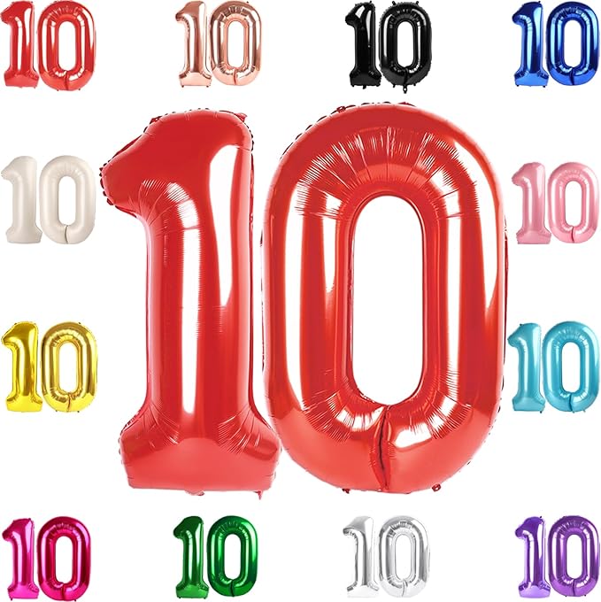 10 Balloon Number, Red Number 10th Birthday Balloons 40 Inch, 10 Years Old Red Birthday Decorations for Boys Girls, 10th Anniversary Decorations