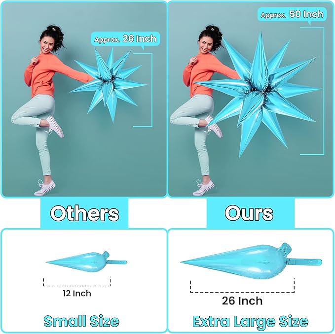 KatchOn, Light Blue Star Cones, 26 Inch - Pack of 50, Turquoise Starburst Balloon for Winter Decorations, Baby Shower, Christmas, Unisex, Number of Pieces 62