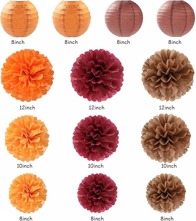 Burgundy Brown-Orange Baby-Shower Boho Party-Decorations - 20pcs Fall Autumn Paper Lanterns Fans,Tissue Pom Poms,Honeycomb Balls,Wedding Birthday Bridal Harvest Thanksgiving Festival Decor Burgleda