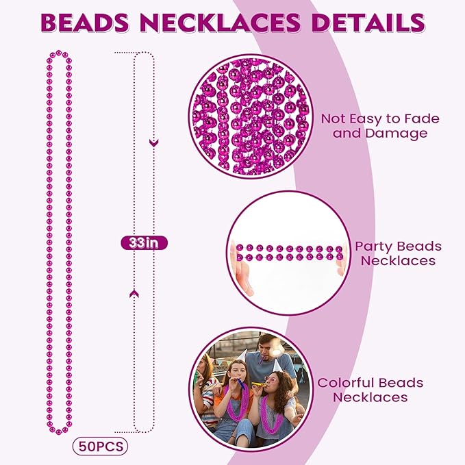 SHAOQINLIN 50 PCS Breast Cancer Awareness Necklaces, Hot Pink Bead Necklace, 33" Hot Pink Mardi Gras Beads, Breast Cancer Awareness Accessories for Parade Supplies