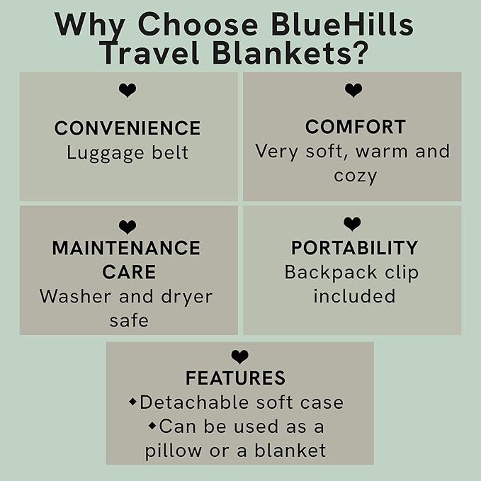 BlueHills Premium Soft Travel Blanket Pillow Airplane Blanket Packed in Soft Bag Pillowcase with Hand Luggage Belt and Backpack Clip, Compact Pack Large Warm for Any Travel (Teal Green T006)