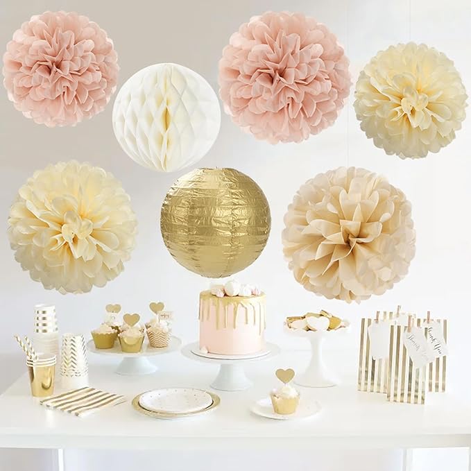 Champagne Gold Beige Paper Flowers Tissue Pom Poms Honeycomb Lanterns 15pcs Party Decorations Boho Fall Rustic Birthday Baby Bridal Shower Neutral Autumn Wedding Bridal Hanging Decor Mprocherify
