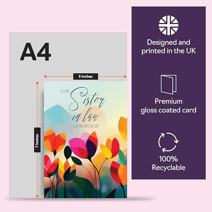 Sister in Law Birthday Card - Vibrant Summer Flowers - Vivid Happy Birthday Card for Sister in Law from Brother Sibling, 5x7 Inch Female Floral Bday Golden Greeting Cards
