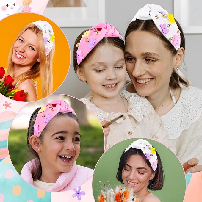 Easter Bunny Headbands for Women, Easters Outfits for Girls Rhinestone Jeweled Rabbit Ears Knotted Headband, Easter Basket Stuffers, Spring Party Favor Gift Peeps Hair Accessories (White)