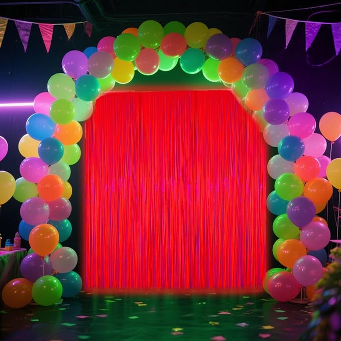 4 Packs Glow in The Dark Foil Fringe Curtain, Macaron Orange Blacklight Reactive Fluorescent Tinsel Backdrop Neon Luminous Streamers for Birthday, Wedding, Neon Party, Glow Party Decorations Supplies